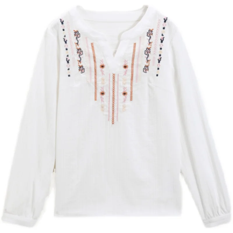 Women Spring Autumn White Blouses Lady Casual Embroidery V-Neck Long Sleeve Vintage Loose 100%Cotton Tops