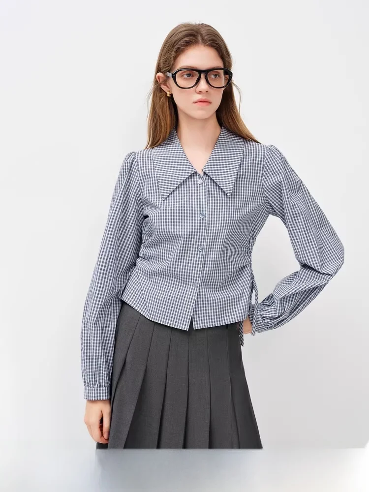 

Новинка весенней коллекции: женская укороченная рубашка с длинным рукавом, поясом на шнурке, в клетку, из смесового хлопка, для повседневной носки