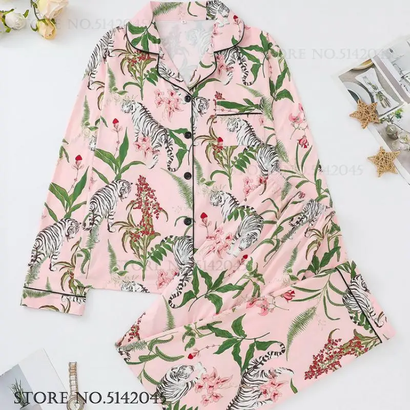 

New Female Pijamas Suit Lounge Wear Spring Autumn New Long Sleeve Trouser 2Pcs Pajamas Set Print Flower Loose Sleepwear Homewear