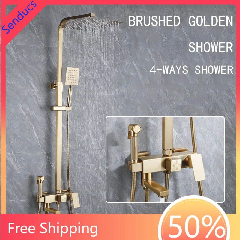 

Brushed Gold Bathroom Shower Set Steel Hot Cold Bathroom Fixture Faucets 10 Inch Rain Shower Head Hot Cold Bath Shower Set