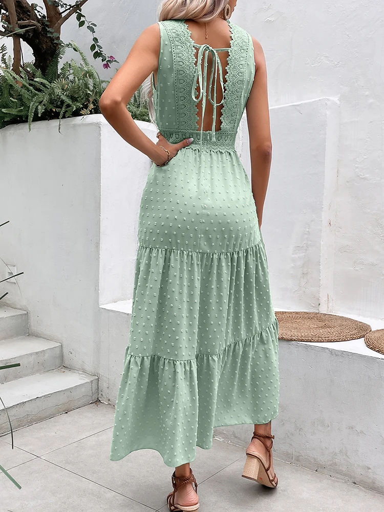 Elegant Lace Stitching Long Dress Women Summer Sexy Backless Sleeveless Ruffle Beach Dress Fashion V Neck New In Dresses 223