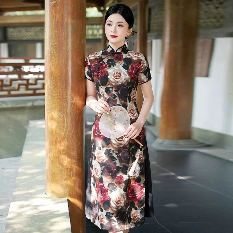

Летнее женское китайское винтажное платье Cheongsam с коротким рукавом и восточным принтом для банкета и вечеринки, платье Aodai