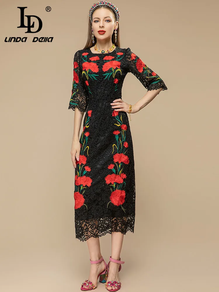 LD LINDA DELLA Runway Designer Summer Party Dress Women's Half sleeve Hollow out Flower Embroidery Black Vintage Party Dress