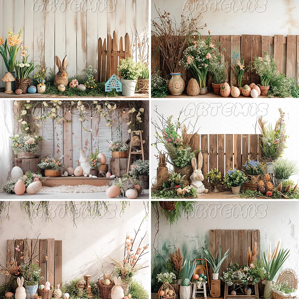 Spring Photography Backdrop Rustic Easter Wood Flowers Bunny White Baby Shower Birthday Decor Portrait Background Photo Studio