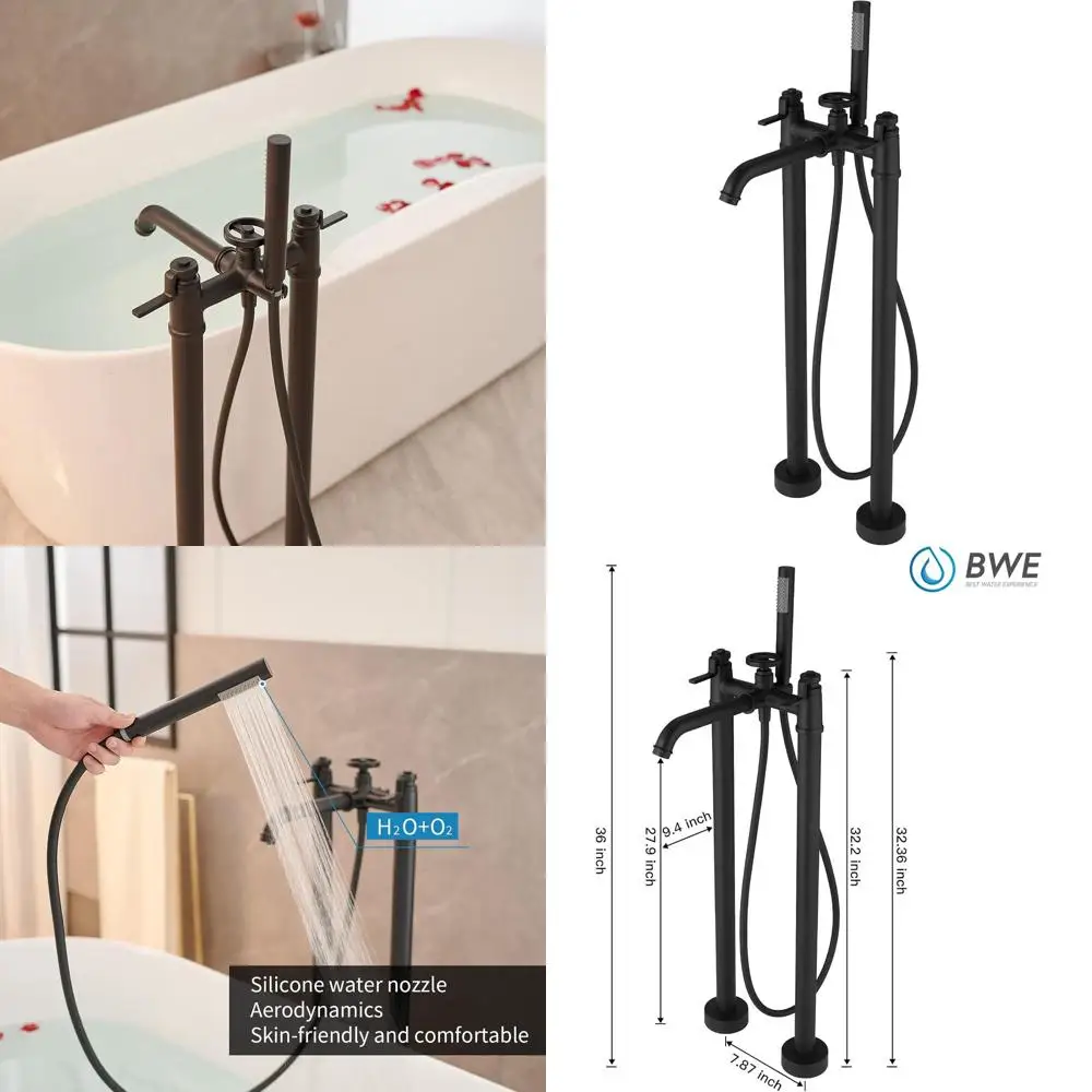 

Freestanding Bathtub Faucet in Black Solid Brass with Single Handle, Mixer Tap and Handheld Shower