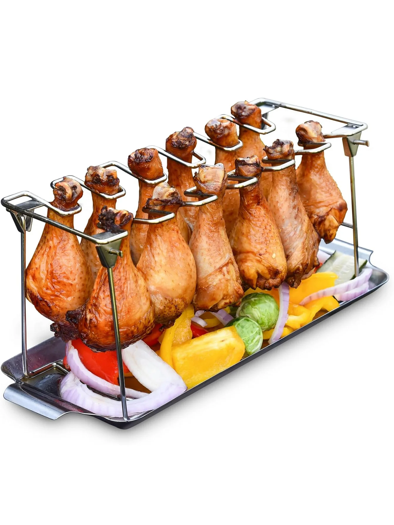Hähnchenbeinständer für Grill mit Abtropfschale – Hähnchenflügelständer mit 14 Fächern – hochwertiges Hähnchen-Drumstick-Gestell aus Edelstahl für Raucher