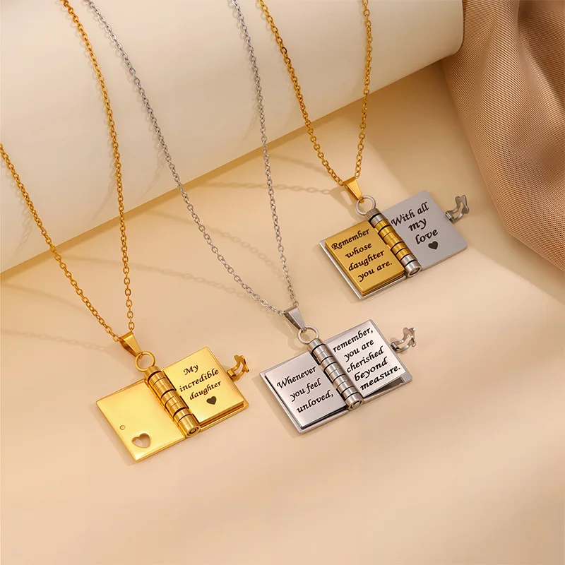 Personalized Engraved Heart Book Locket Necklace, Titanium Steel Openable Envelope Message Pendant, Romantic Anniversary Gift for Her Wife Girlfriend