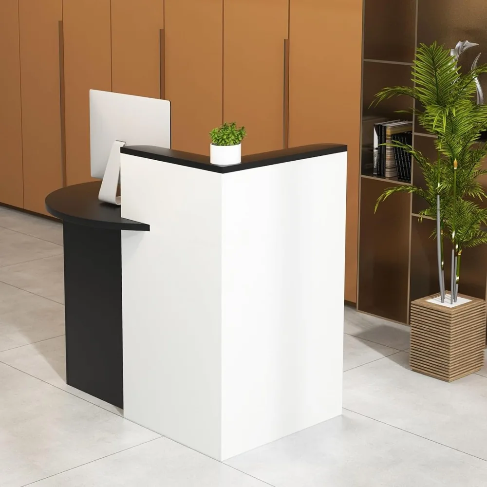 SILKYDRY Reception Desk, Small Retail Checkout Counter with Lockable Drawer and Open Shelves, Wooden Computer Workstation