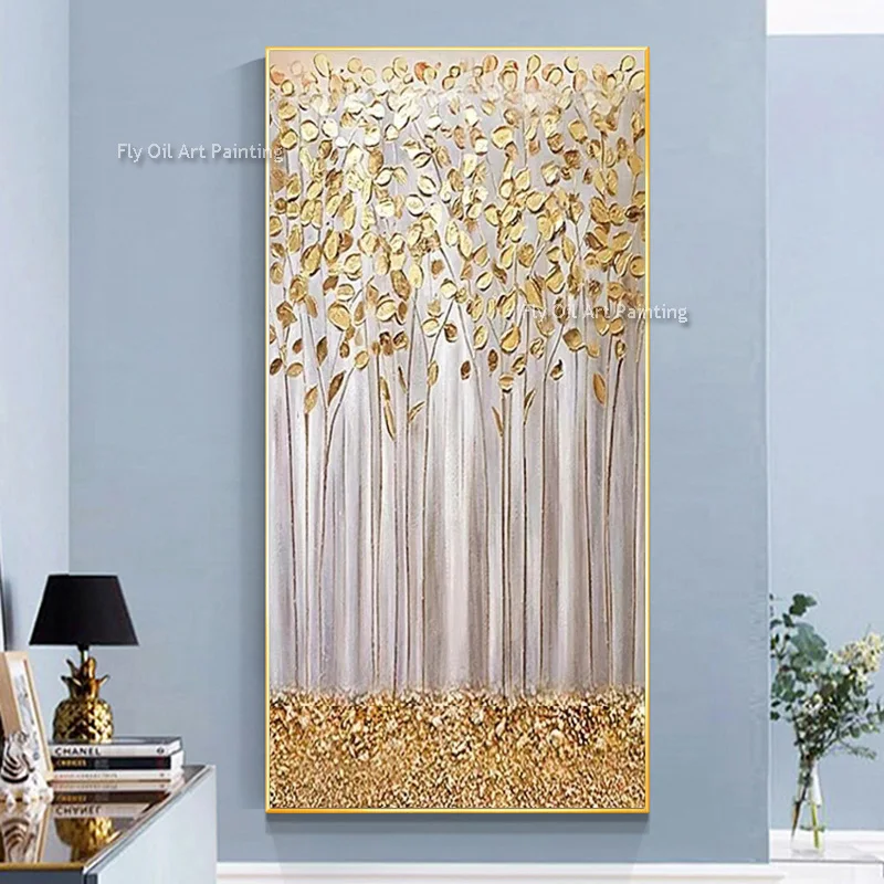 Abstract Golden Forest Oil Painting Modern Goil Foil Knife Thick Canvas Artwork Special Tree Scape Landscape Wall Art Room Decor