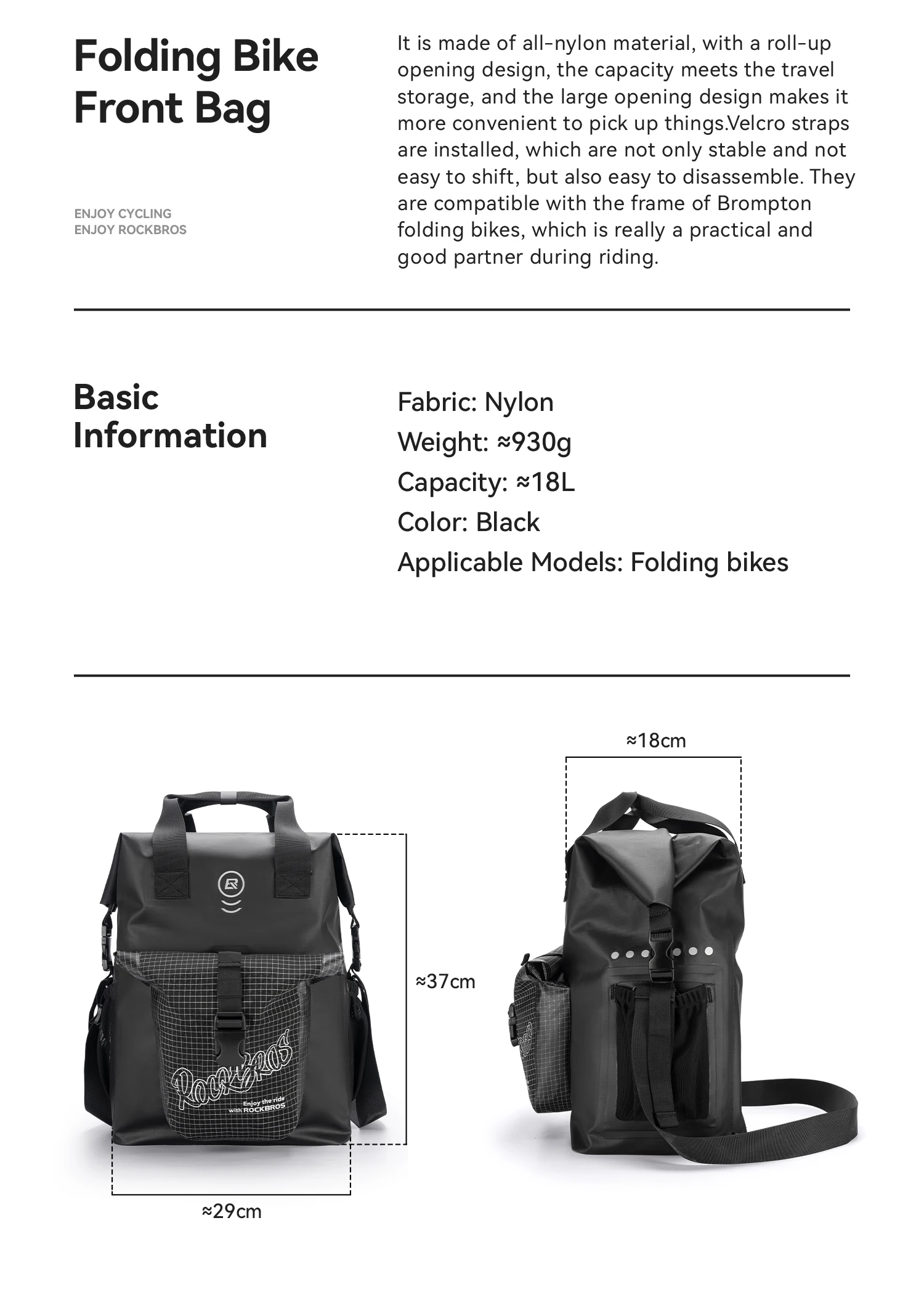 ROCKBROS Bike Front Bag 18L Capacity Quick Install Folding Bike Handlebar Bag with Shoulder Strap Multifunctional Cycling Bag