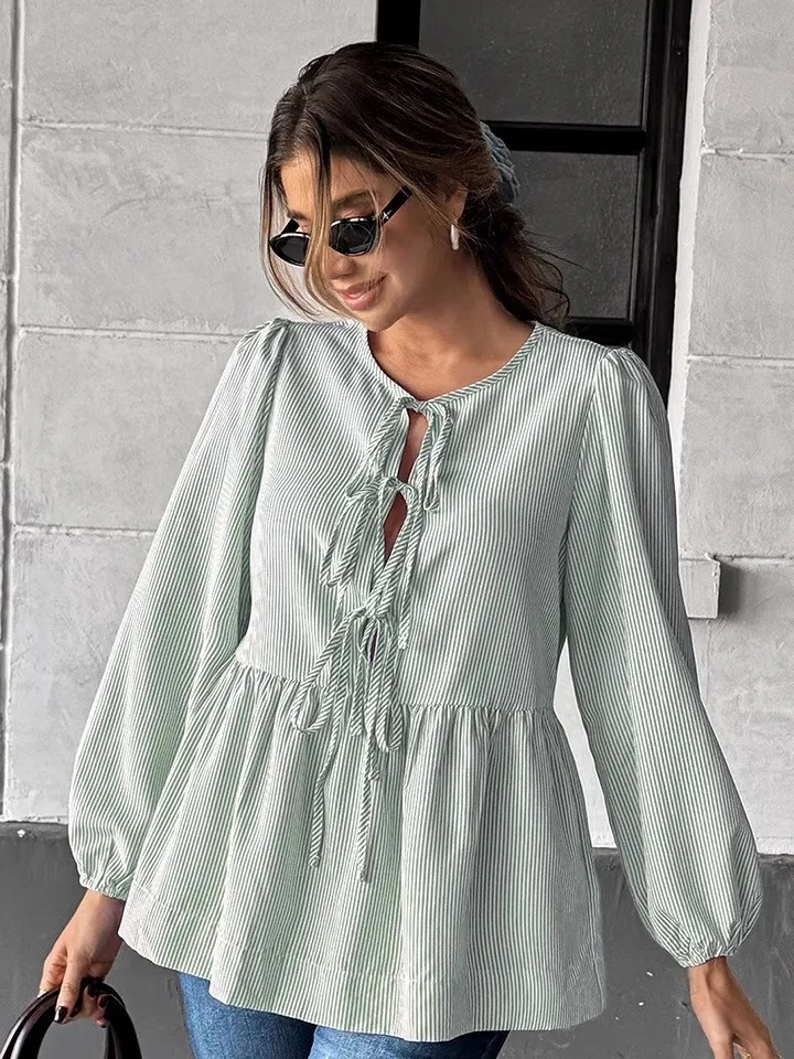 

Женская полосатая футболка irt Top с ремешком Casual Sle Long Sve Lantern Sve Other Material00% Summer Faion