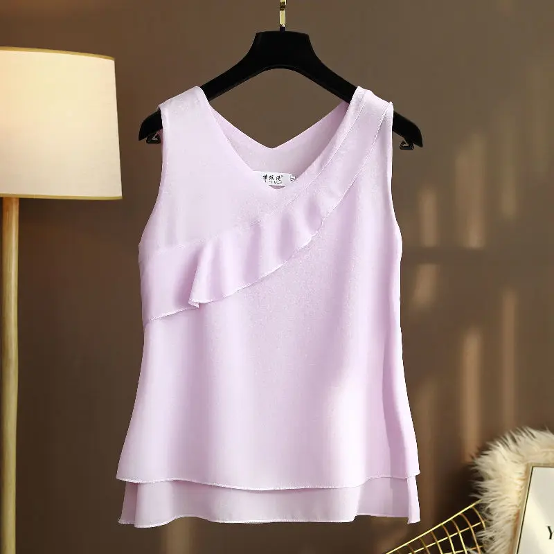 

Summer Oversized Women Blouse Shirts Elegant Tops Sleeveless Casual Loose Solid Chiffon Ruffles Vest Cozy Women Clothing blusas
