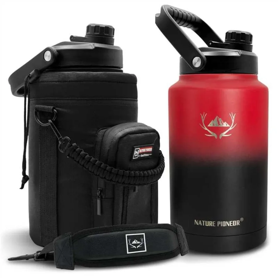 

1 Gallon Insulated Water Bottle - Double Vacuum Stainless Steel 128 oz Wide Mouth Water Jug with Holder/Carrier for Outdoor Spo