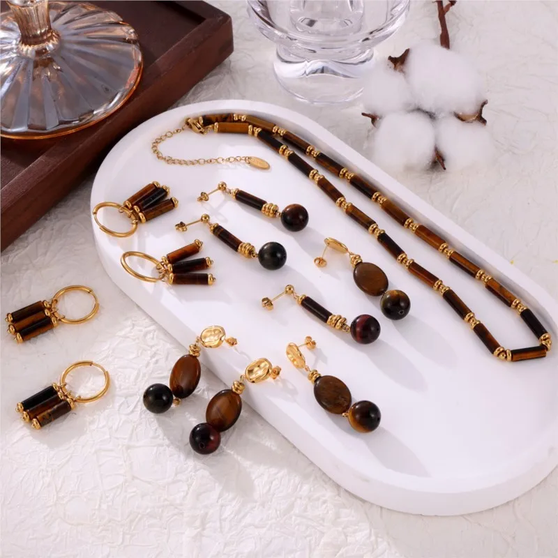 Tiger-eye Stone Beads Drop Earrings Necklace For Women Stainless Steel Gold Plated Women\'s Stud Earring Necklaces Jewelry Sets