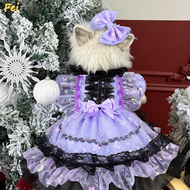

2025 French Style Handmade Purple Dog Dress - Lace Bow Star Mesh Party Outfit for Halloween, Small Medium Poodle Chihuahua Pets