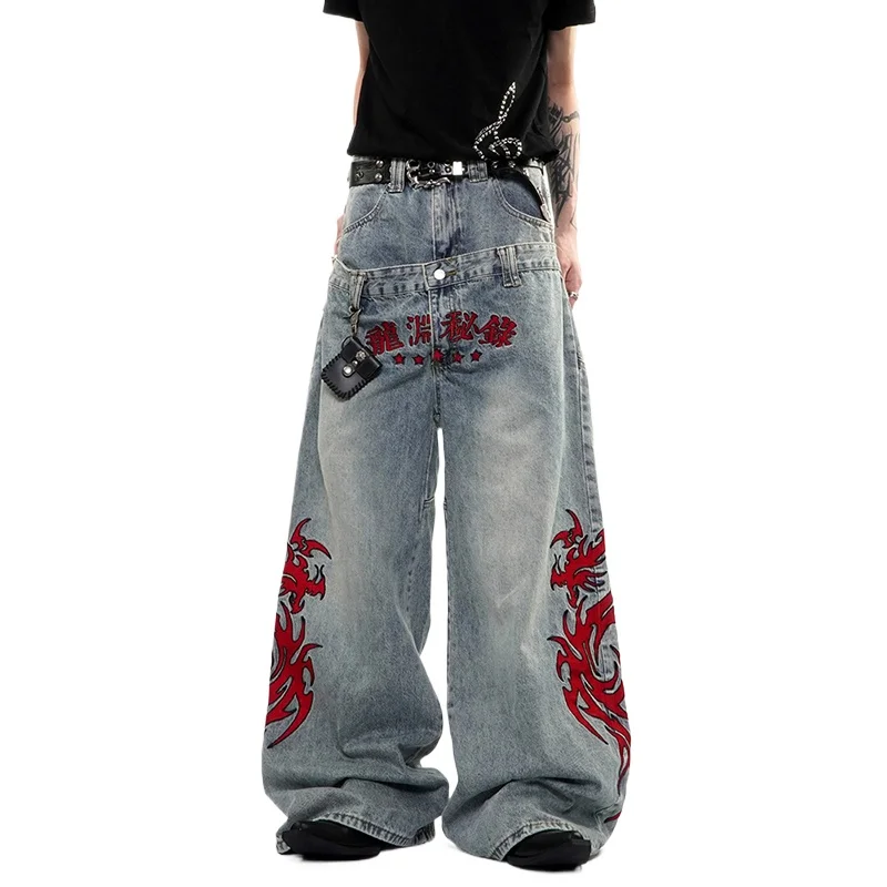 Double-Waist Men Baggy Jeans Hip Hop Totem Embroidered Loose Distressed Carrot Fit Denim Pants Retro Trendy Streetwear