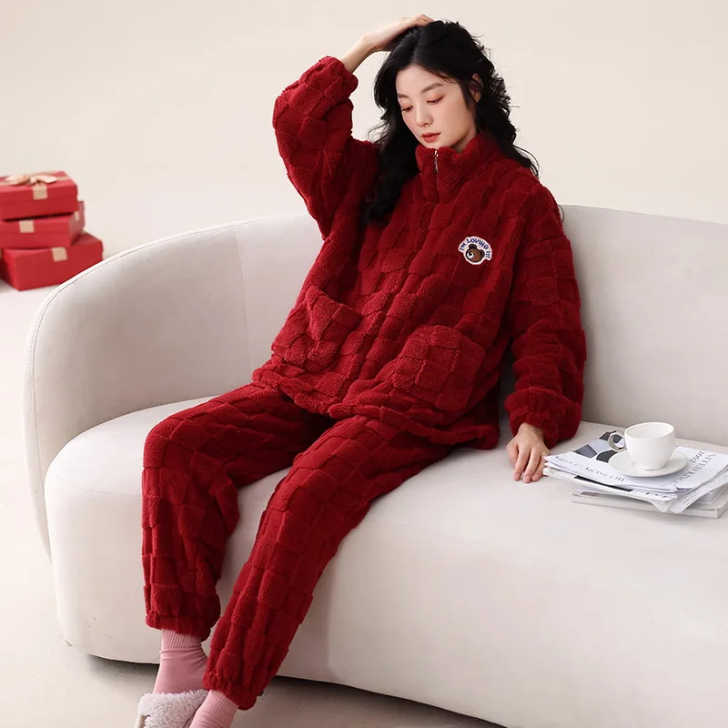 

Bride Married Red Sleepwear Winter Warm Coral Fleece Pajamas Set for Women Zipper Fashion Home Clothes Flannel Loungewear