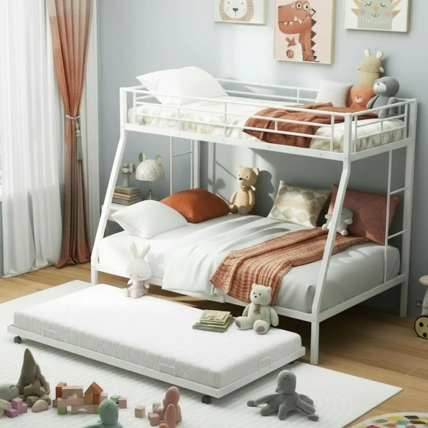 KOMFOTT Twin Over Full Bunk Bed with Trundle, Heavy-Duty Metal Bunk Bed Frame with Guardrail & 2 Ladders, Space-Saving Bunk Bed