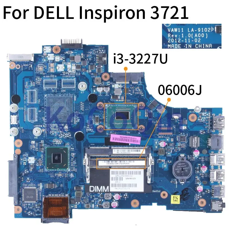 i3 i5 i7 For DELL Inspiron 3721 5721 Notebook Mainboard 0WTY0Y WTY0Y 06006J LA-9102P DDR3 Laptop Motherboard Full Tested