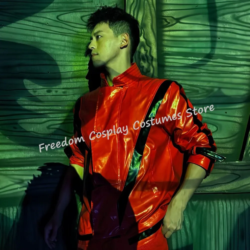 Michael Jackson Cosplay Costumes wig Thriller Jacket high quality Red Black PU Leather MV show Imitation Retro Halloween suit - view 2
