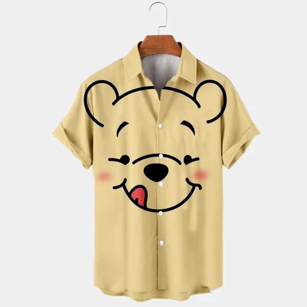 Chemise cintrée à manches courtes pour homme, haut à revers, décontracté, de marque Disney, Winnie l'ourson et Mickey, avec dess