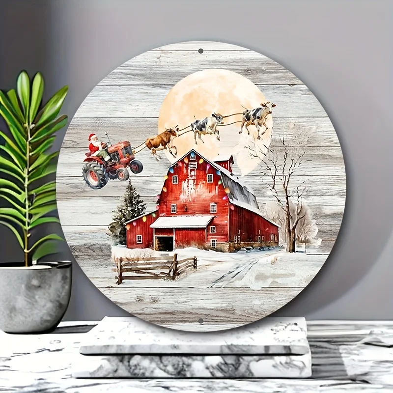 Marke Weihnachtsmann-Traktor-Kühe-Kranz-Schild – 20,3 x 20,3 cm rundes Aluminium, rustikales Holz, Weihnachts-Halloween-Dekor für Küche, Garten, Büro, W