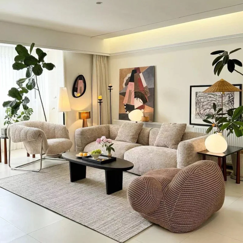 Cream wind living room big white sofa small apartment French retro brown villa big flat layer one-character fabric sofa