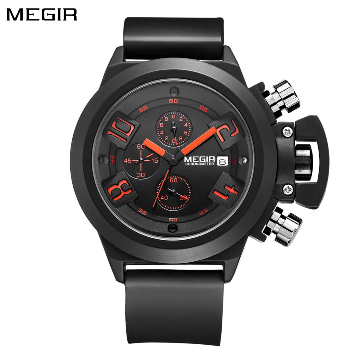 MEGIR 2002 Multi-functional Sports Chronograph Silicone Band Luxury Men Watch Waterproof Calendar Quartz Wristwatch Montre Homme