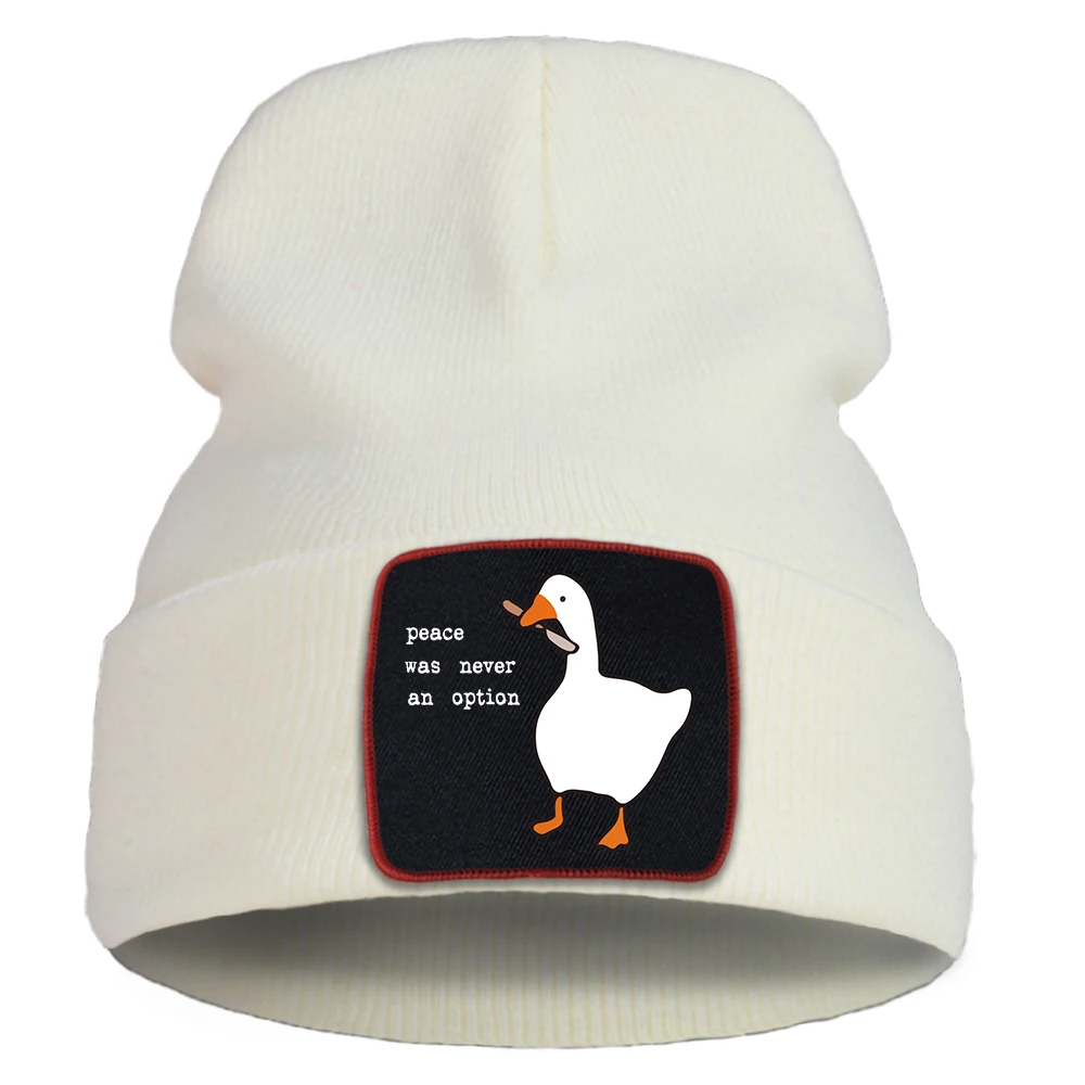 Peace Was Never An Option White Goose Holding A Knife Print Male Bonnet Trend Harajuku Warm Balaclava Hair Care Mens Knitted Hat