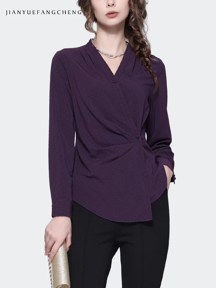 2023 autunno nuove donne che allungano la camicia a maglia viola irregolare manica lunga con scollo a v elegante Slim Cinch vita a righe top