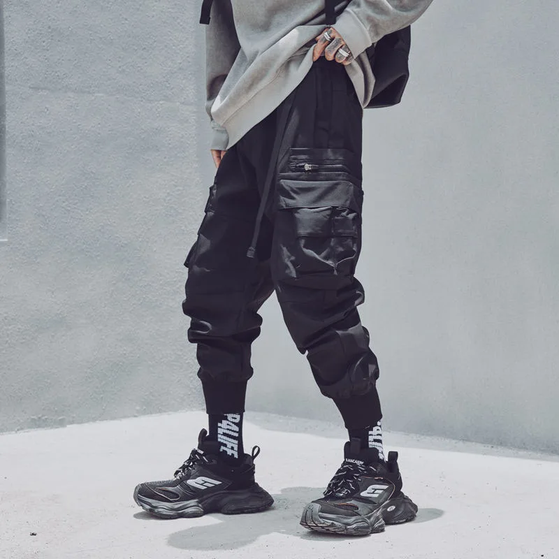 2024 Tactical Pants Men Multi Pocket Functional Joggers Trousers Elastic Waist Hip Hop Streetwear Cargo Pants Black Techwear