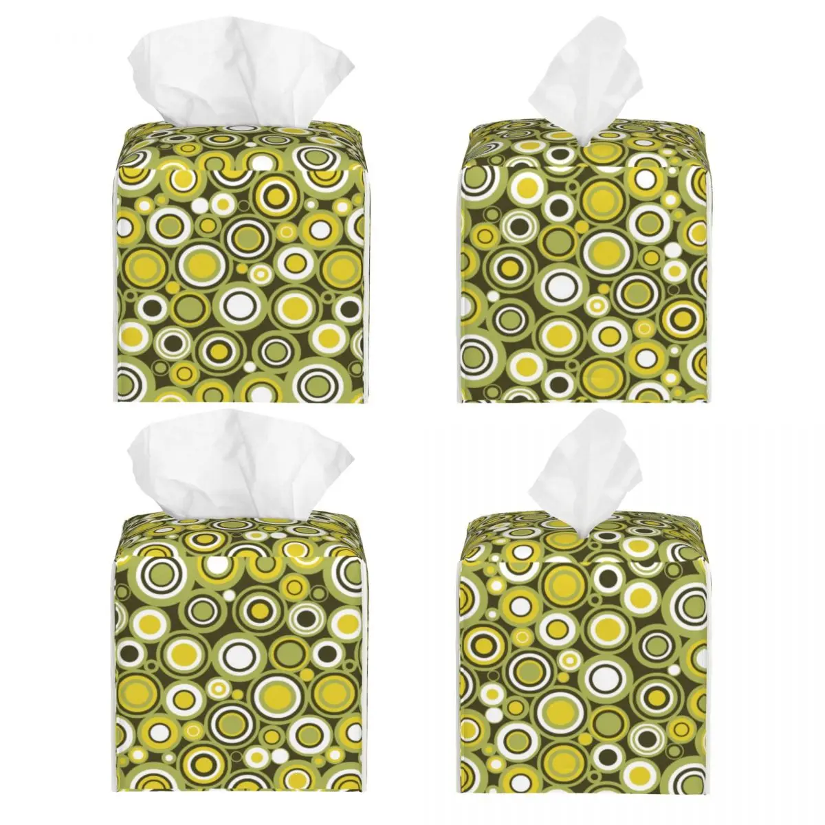 Custom Green Yellow And White Circle Tissue Box Cover PU Leather Square Geometric Colorful Facial Tissue Box Holder for Office