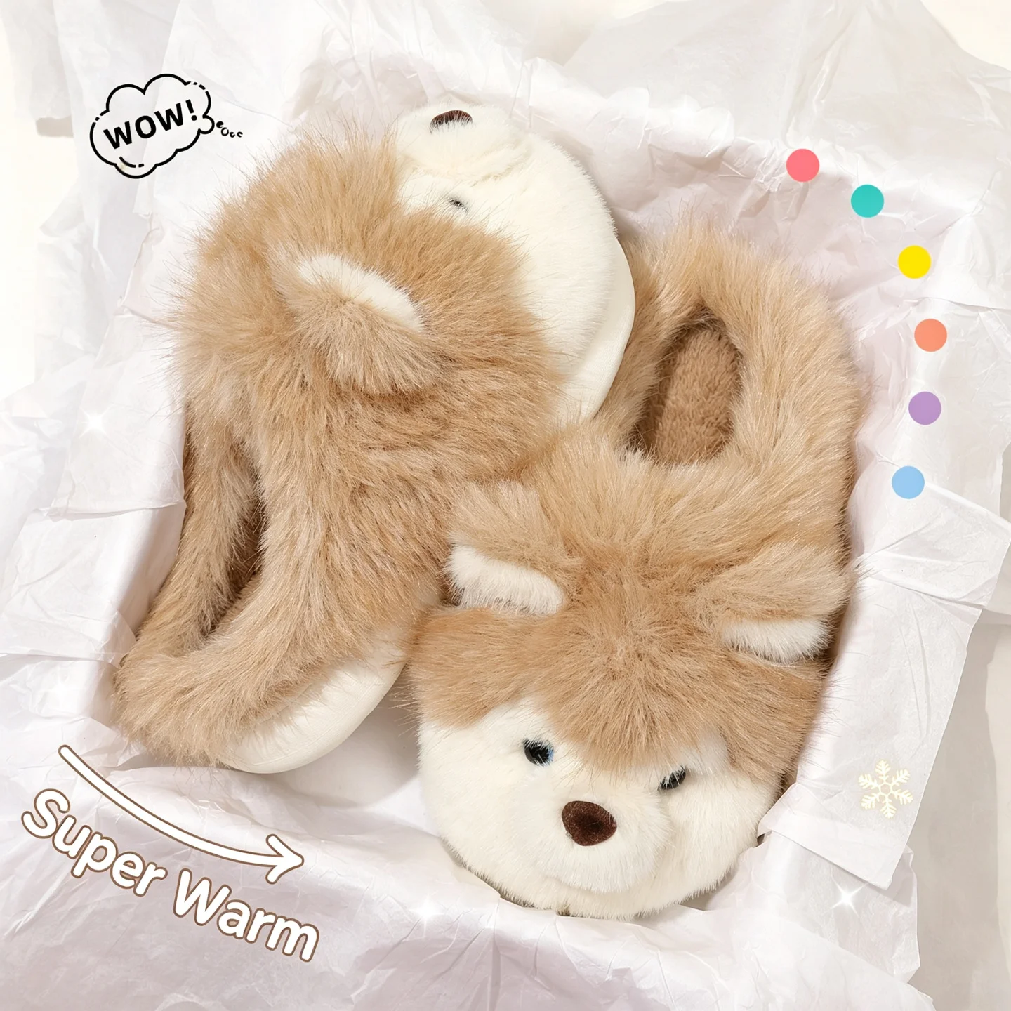 Cozy Cute Puppy Dog Slippers for Women Winter Warm Fluffy Faux Fur Home Shoes Non-Slip Soft Bottom Indoor Bedroom Mules Slides