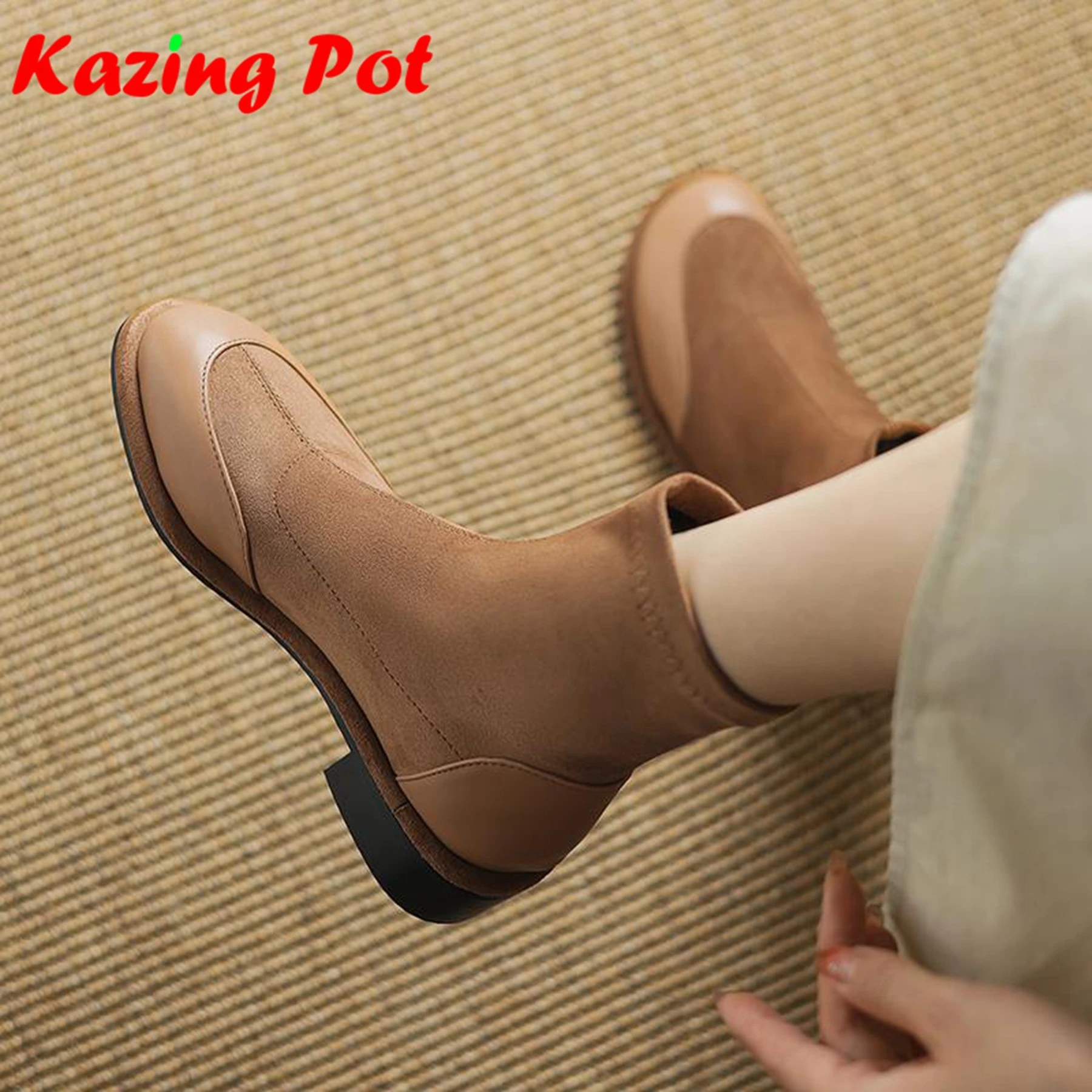 

Krazing Pot Size 43 Microfiber Low Heels Modern Chelsea Motorcycle Boots Casual Winter Autumn Vintage Women Elastic Ankle Boots