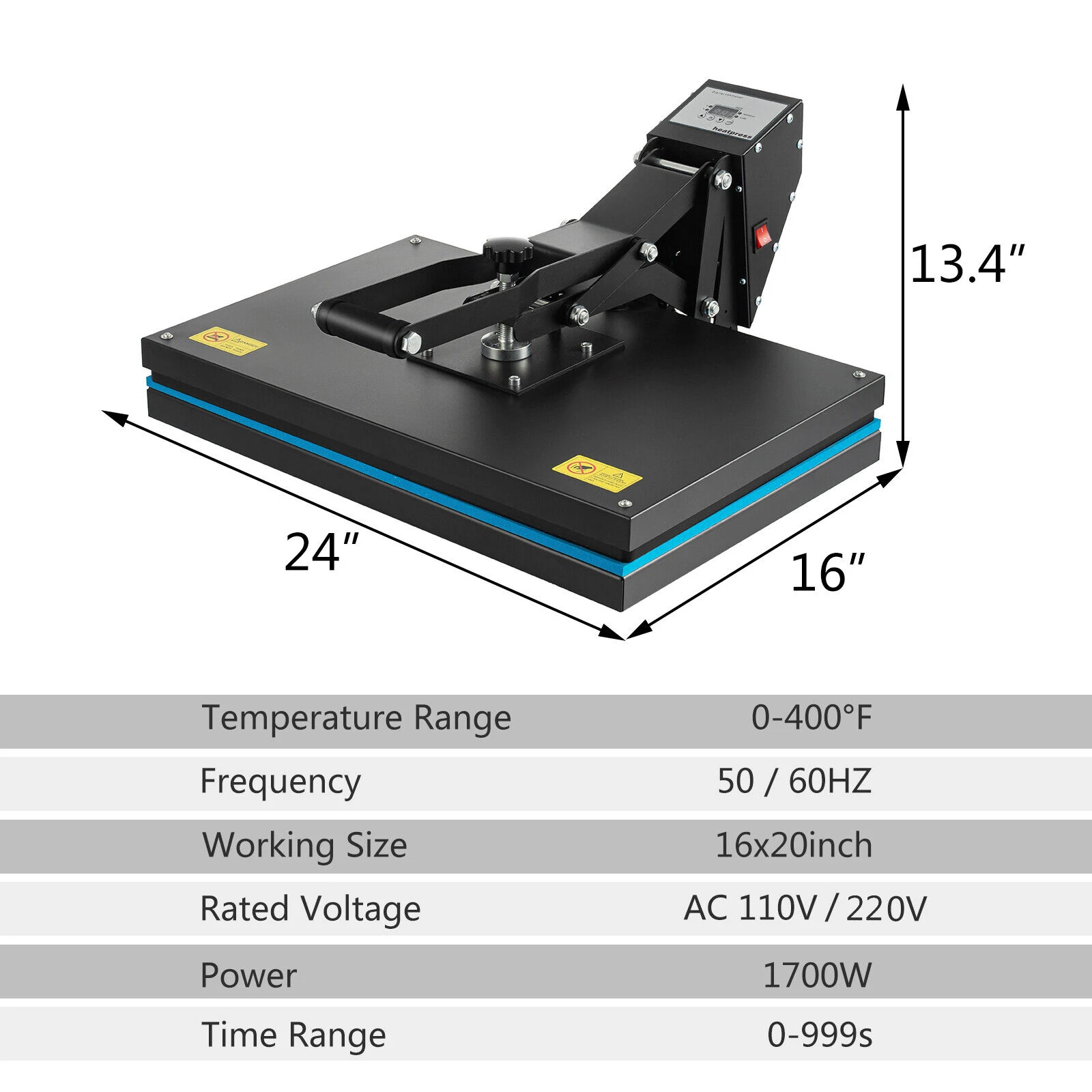 Clamshell Heat Press Machine 1700W 16x24\'\' Digital Sublimation Transfer Printer DIY for T-shirt Double Tube Heating Heatpress