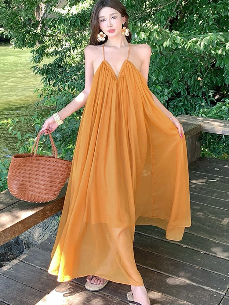 Sukienka damska vintage boho szyfonowa luźna letnia seksowna bez pleców elegancka wakacyjna plażowa codzienna