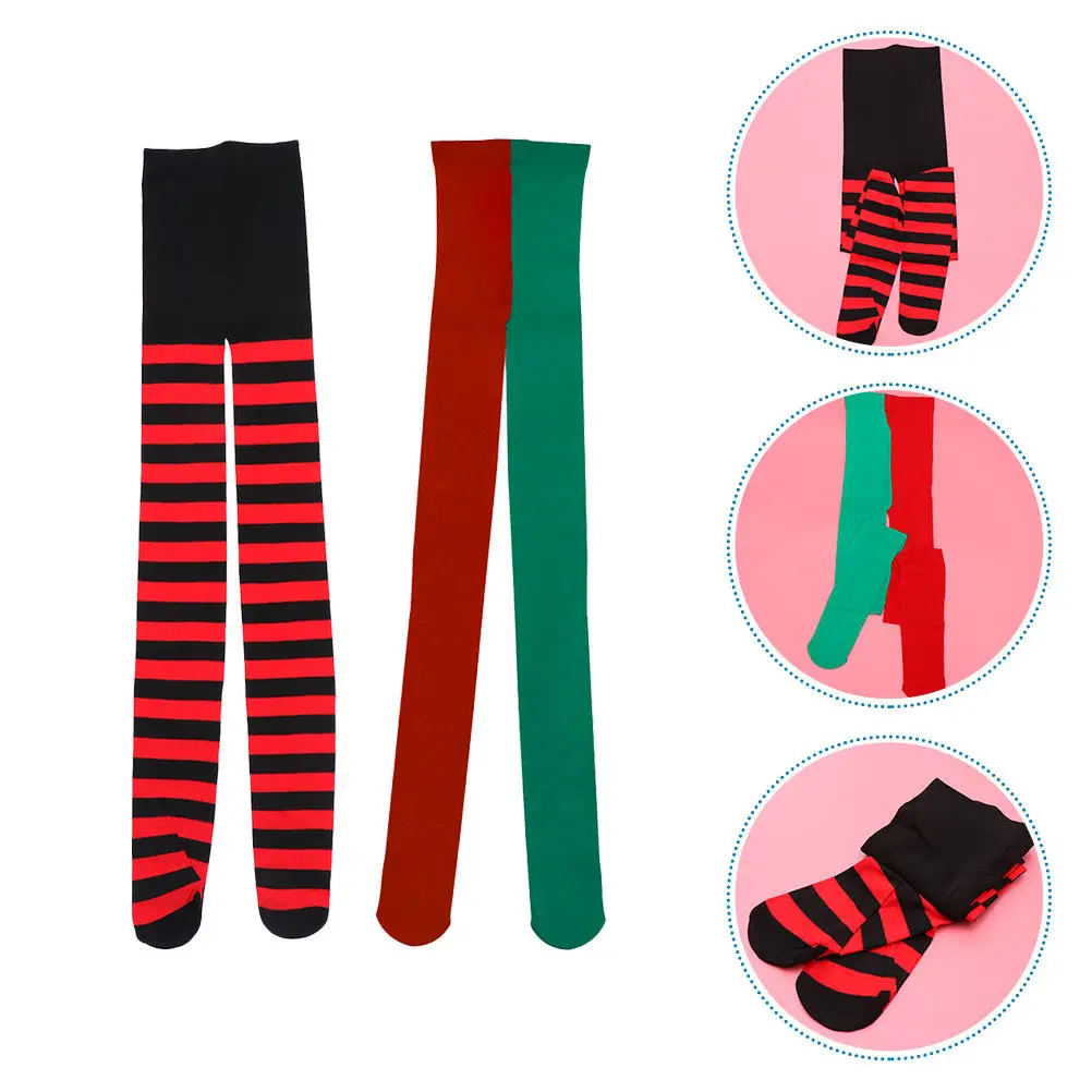 2 Pares de Calcetines Altos Hasta la Rodilla a Rayas Rojas y Verdes Vibrantes para Mujer, para Fiestas, Navidad, Uso Festivo, Escuela, Oficina, Familia