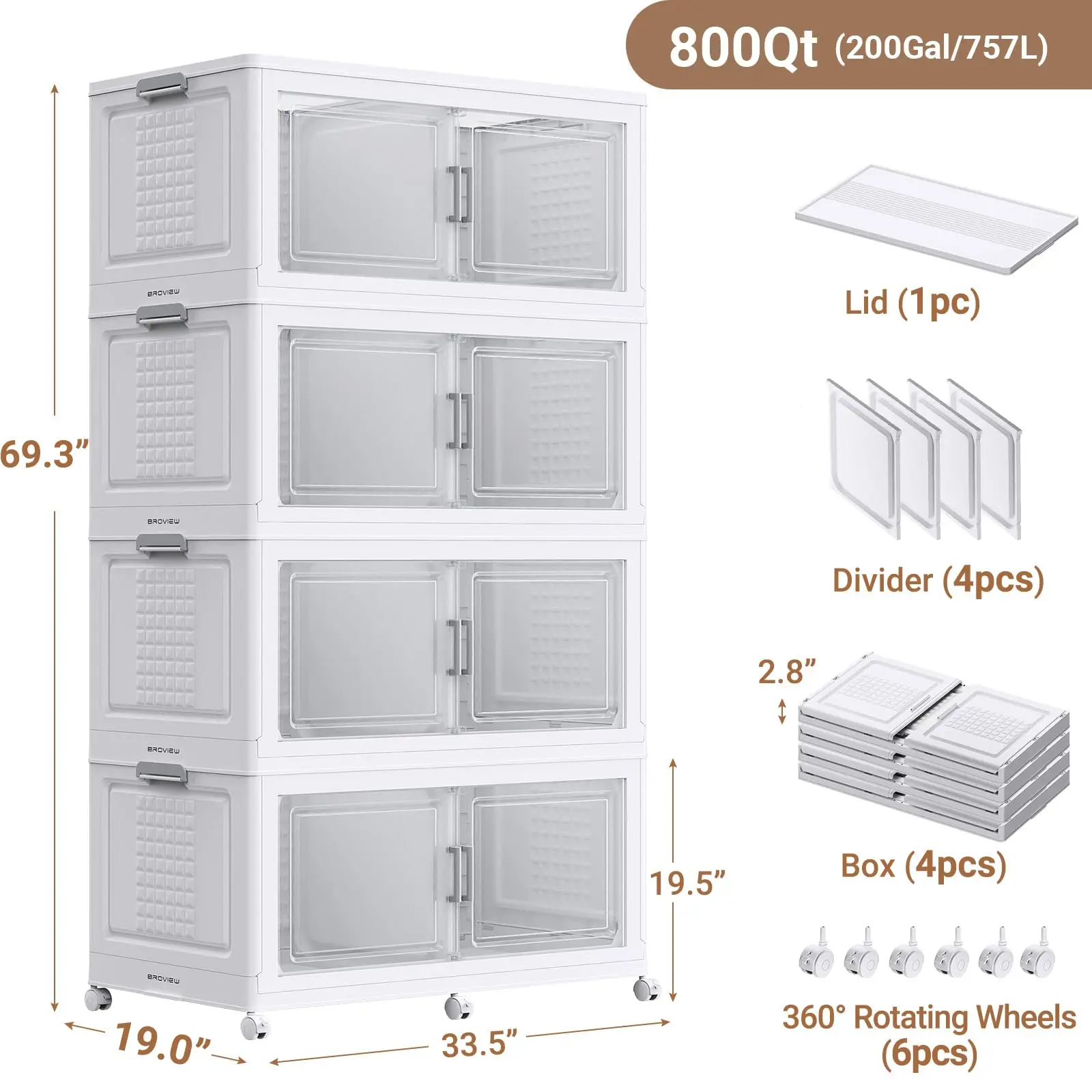 800Qt Stackable Storage Bins with Lid for Room Closet, 4Pack,White