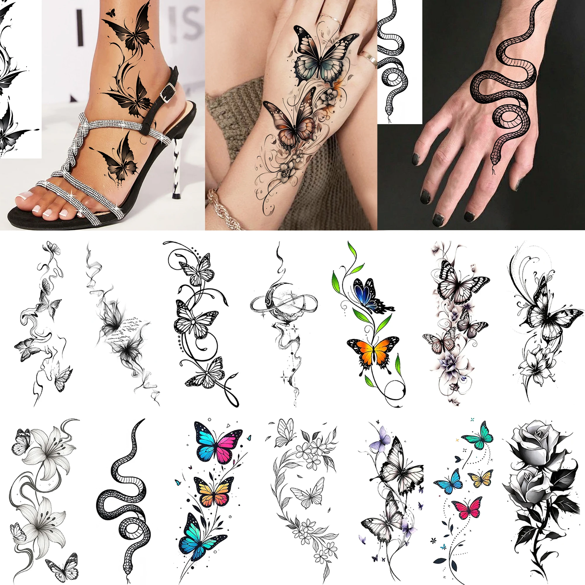 1 Sheet Sexy Flower Butterfly Temporary Tattoo Stickers For Adults Hand Foot, Waterproof Realistic Long Lasting Temp Fake Tatoos