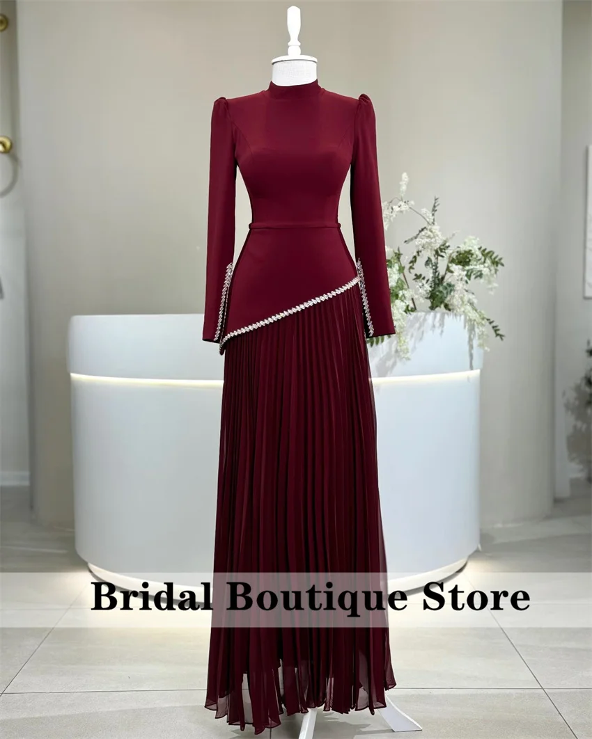 

Luxury Red Evening Dresses 2025 High-Neck Long Sleeves Pleats Crystals Muslim Wedding Party Dress Prom Gown Customized