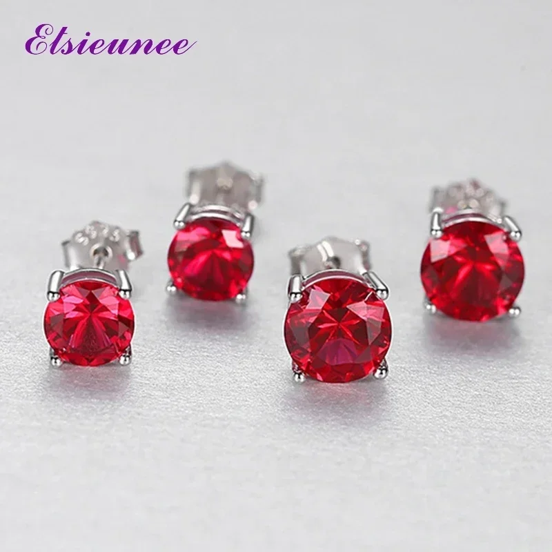 Vintage Cute 925 Sterling Silver 5MM 6MM Ruby Tourmaline Gemstone Ear Stud Earrings for Women Anniversary Party Fine Jewelry