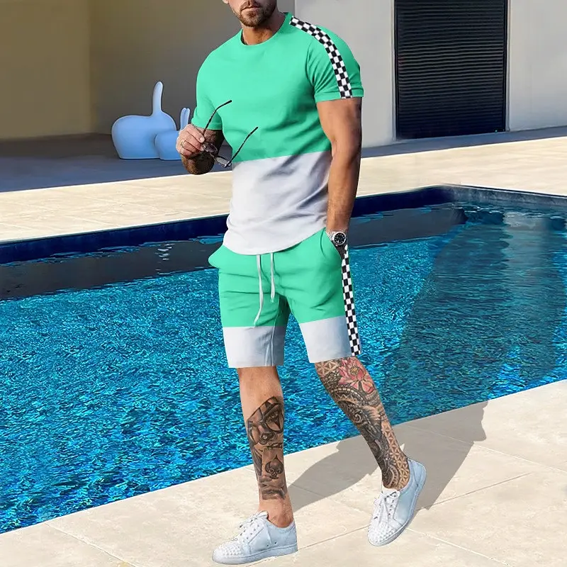 Men's Pattern Color Blocked 2-piece Set Shorts and T-shirt Set Short Sleeved Casual and Comfortable Outdoor Vacation Daily