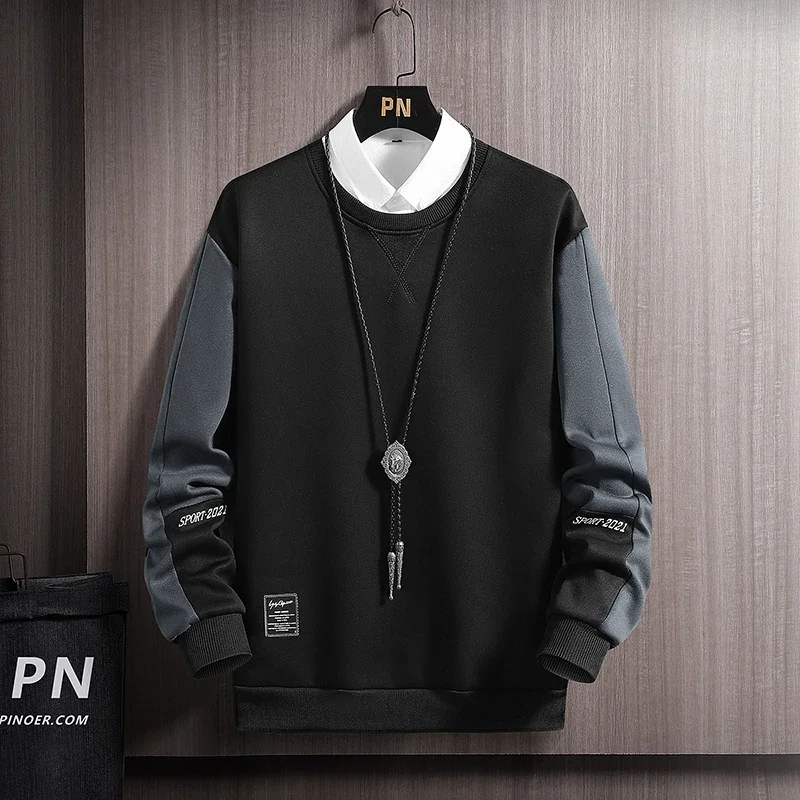 Long Sleeve Hoodies Men Clothes Fashion Casual Pullover Round Neck Fall Street Oversized Male Sportswear Hoodies Pachwork