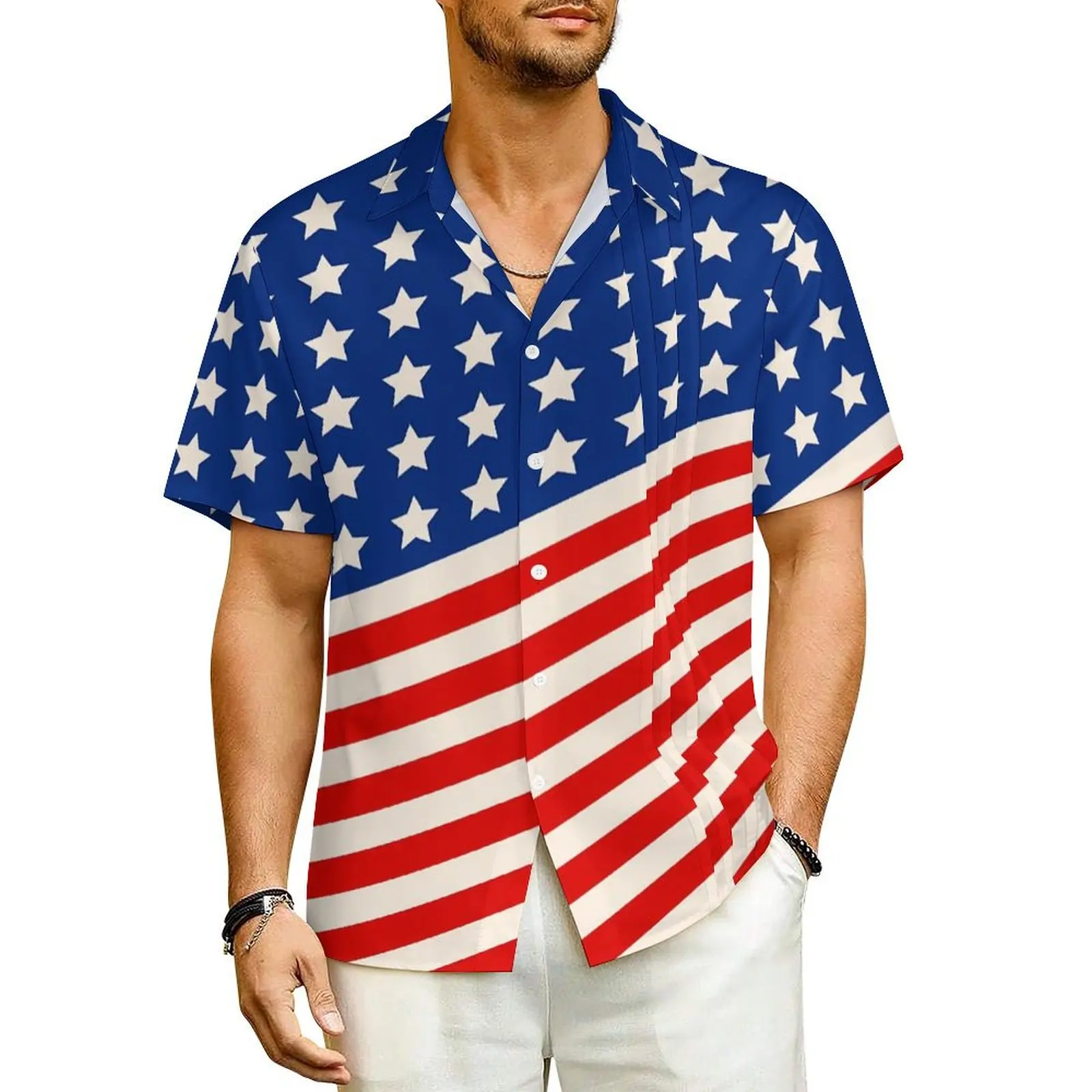 

Hawaiian Shirt Beach American Flag 4th of July Blouses Stars and Stripes Loose Casual Shirts Men Short Sleeve Streetwear Clothes