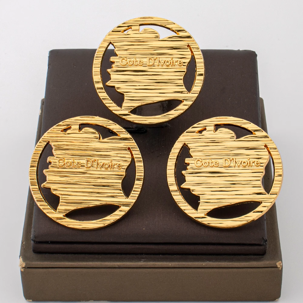 18K Gold Plated Ivory Coast Cote D'lvoire Map Earrings & Ring Set Women Gold‑Color Adjustable Open Ring Accessories Gift