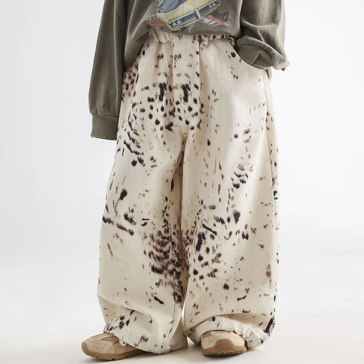 Boys' Spring Jeans 2026 Children's Korean Leopard Pattern Casual Pants Loose Wide Legs Spring Pants