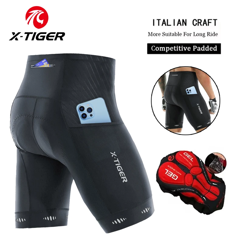 X-TIGER Men's Cycling Shorts Three Pockets 5D Gel Pad Bike Shorts Reflective TMB Mountain Road Cycling Tights