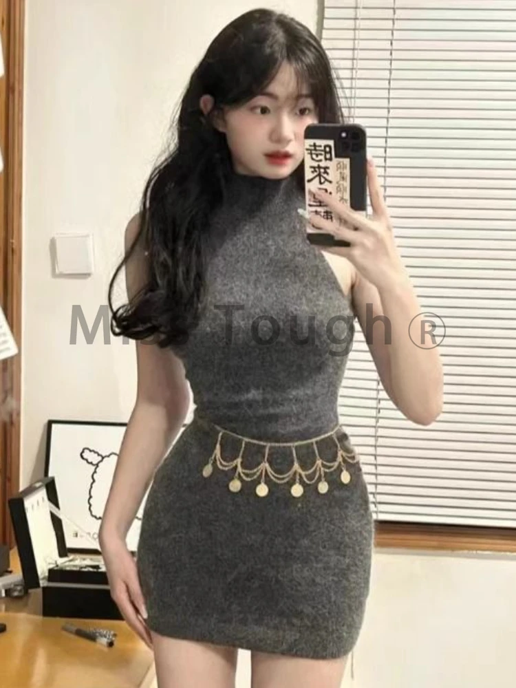 Korean Style Sexy Two Piece Set Women Solid Knitted Cardigan + Slash Neck Mini Dress Female Elegant Casual Party Dress Suit 2023