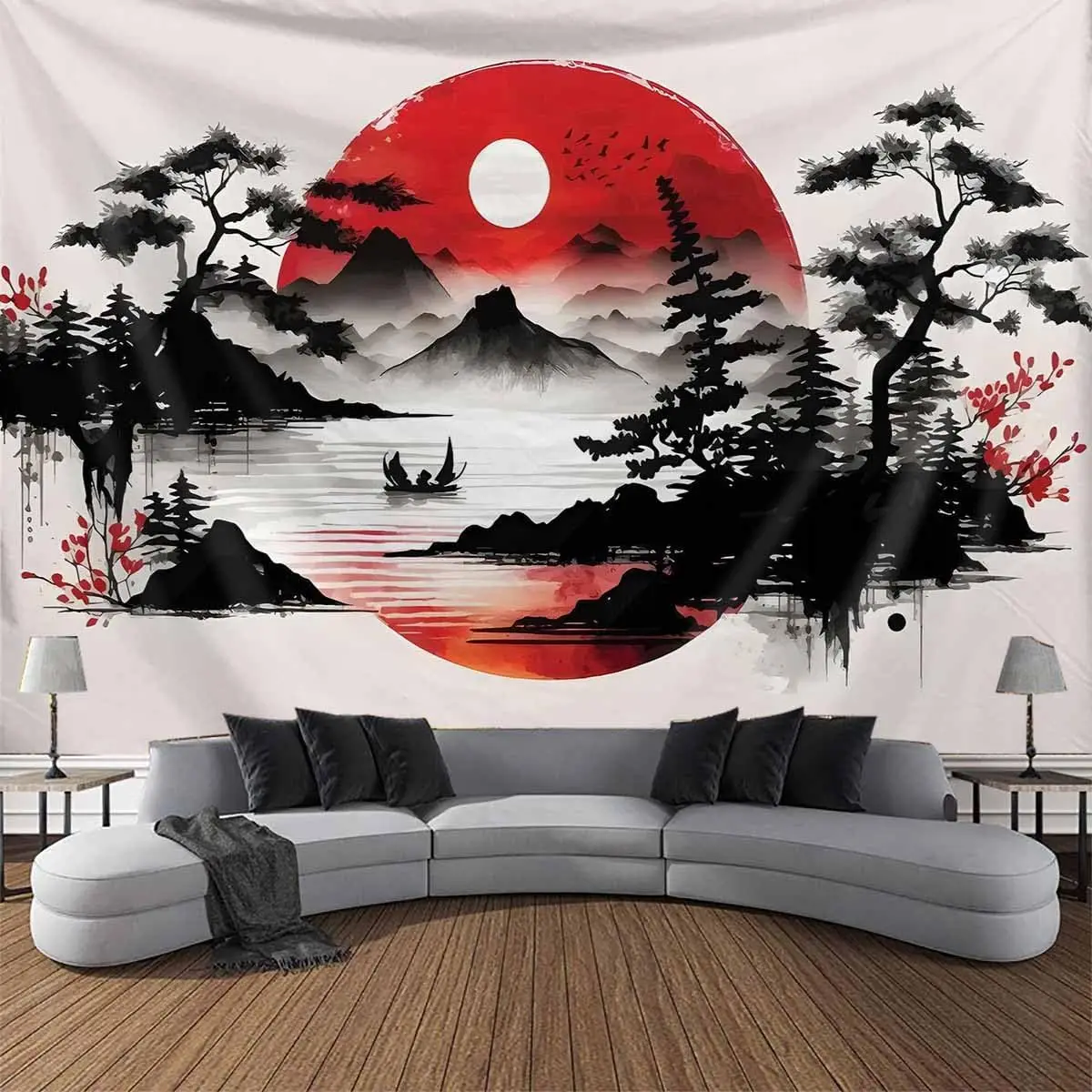 Tapiz de bosque rojo y negro japonés, tapiz estético de sol de árbol de montaña de Anime para colgar en la pared, paisaje natural oscuro asiático fresco