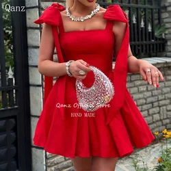 Qanz Red Mini Prom Dresses Bow Straps Mini A Line Vestidos De Graduación Lace Up Back Satin Short Vestidos De Fiesta Customized